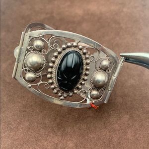 Vintage Mexican Taxico Open work Silver and Carved Onyx Bracelet, Stamped